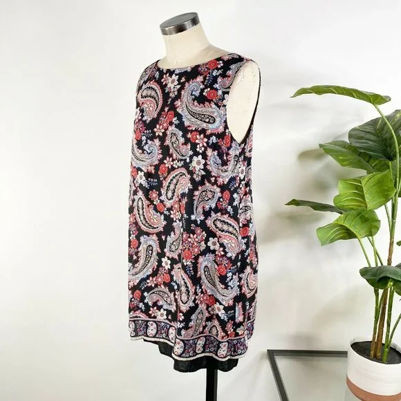 J Jill Paisley Overlay Layered Tunic Tank Top Medium Black Split Back Sleeveless - Picture 4 of 11